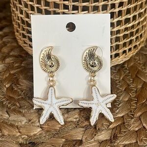 Beach Coastal Starfish Drop Gold and White Summer Tropical Vacation Earrings